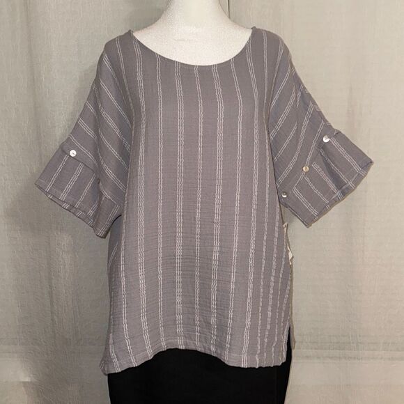 peck&peck XL Crinkle Pearl Gray White Striped Cotton Short Sleeve Top - Picture 1 of 9